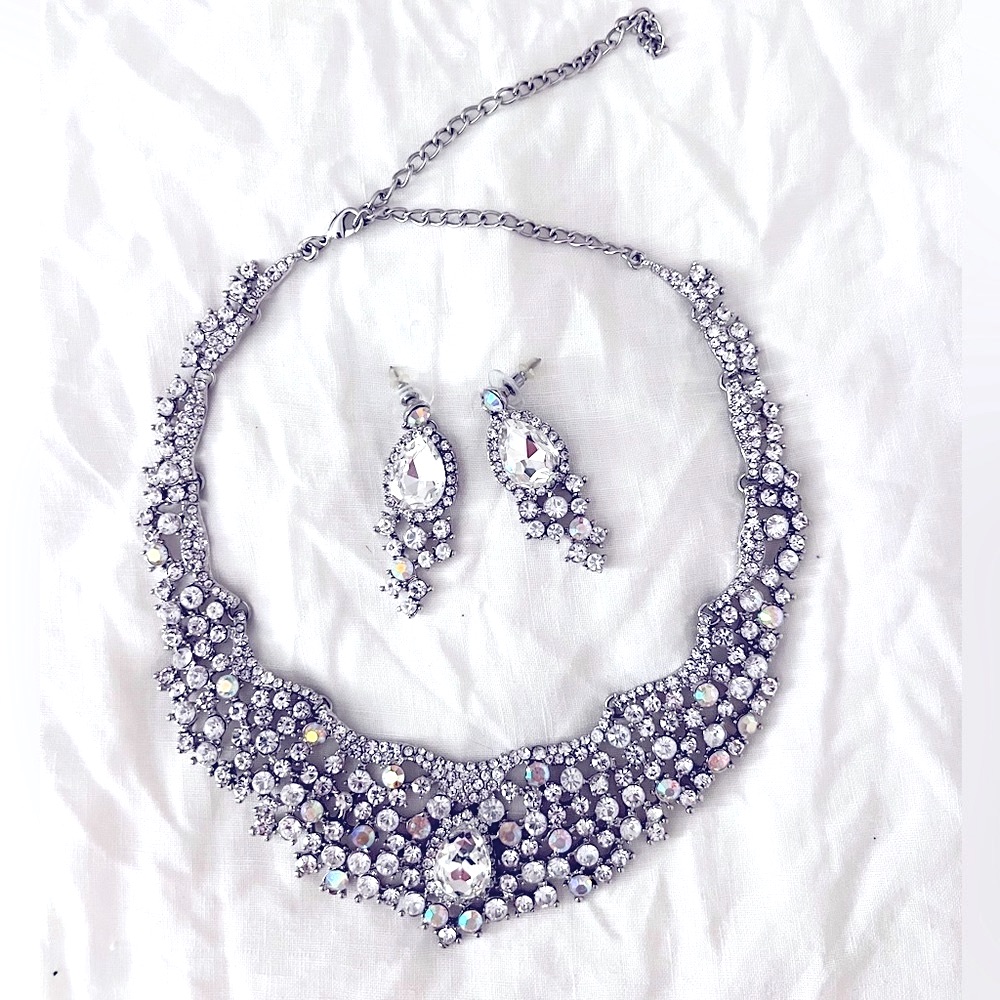 Ever Faith Rhinestone Crystal Flower Cluster Teardrop Necklace & Earrings Set